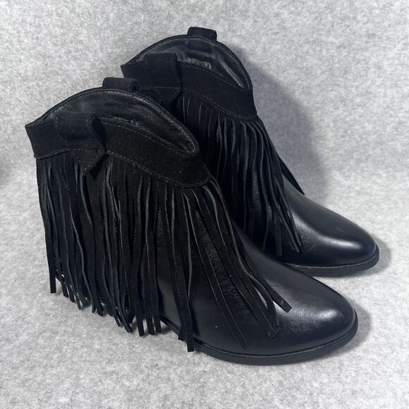 Black Fringe Ankle Boots Womens Size 8 Western Cowgirl Suede Pull On Booties - Picture 2 of 11